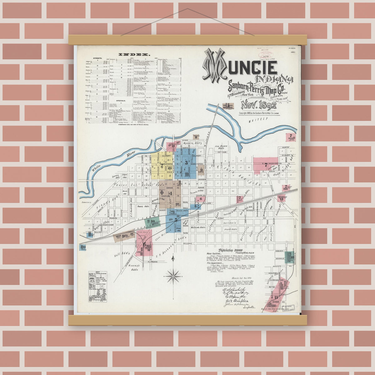 Old map wall art mockup — magnetic wood frame on brick wall — Sanborn Fire Insurance Map from Muncie, Delaware County, Indiana (1892), Sheet #0001