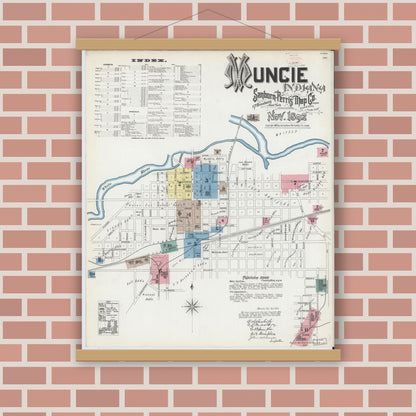 Old map wall art mockup — magnetic wood frame on brick wall — Sanborn Fire Insurance Map from Muncie, Delaware County, Indiana (1892), Sheet #0001