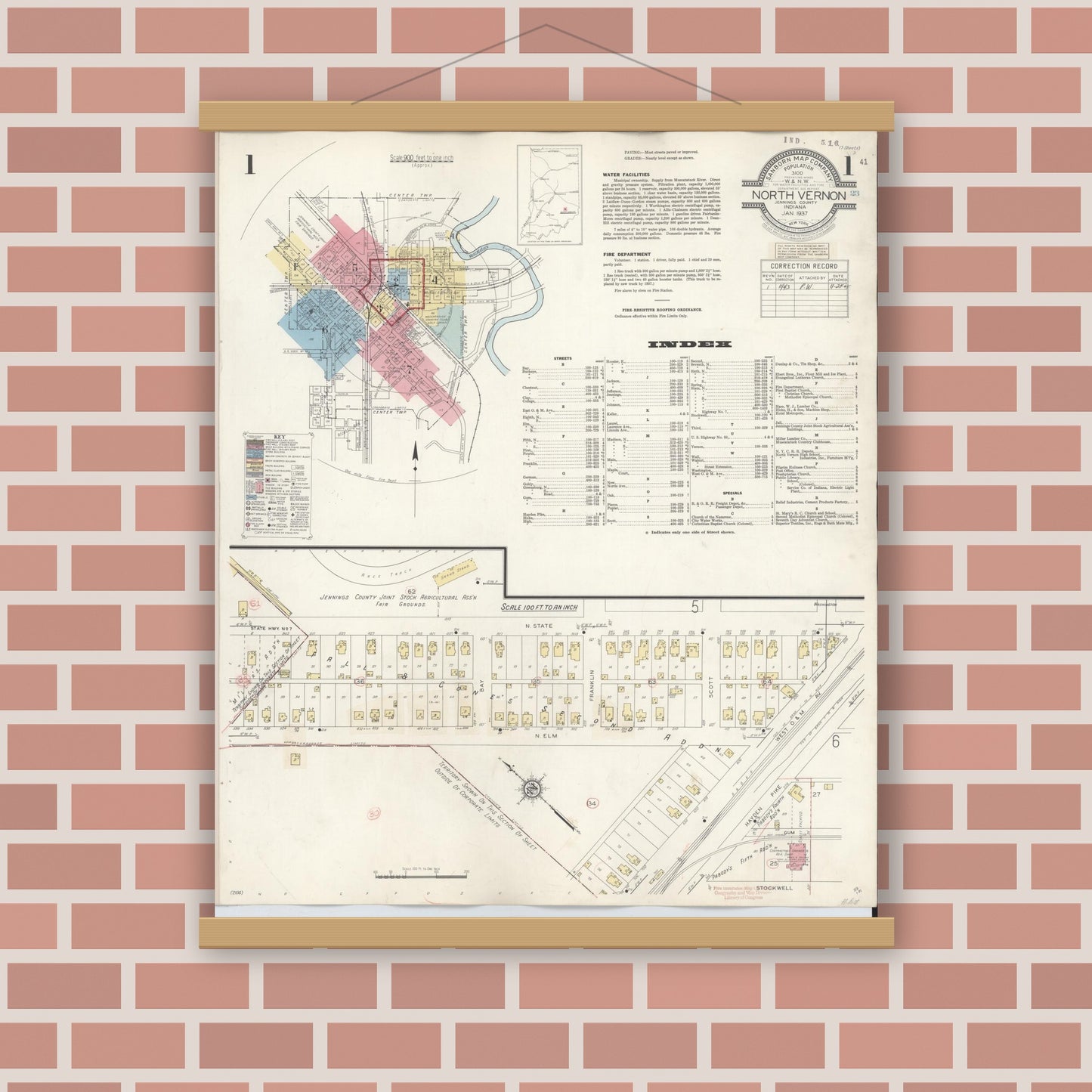 Old map wall art mockup — magnetic wood frame on brick wall — Sanborn Fire Insurance Map from North Vernon, Jennings County, Indiana (1943) - Complete Map Set