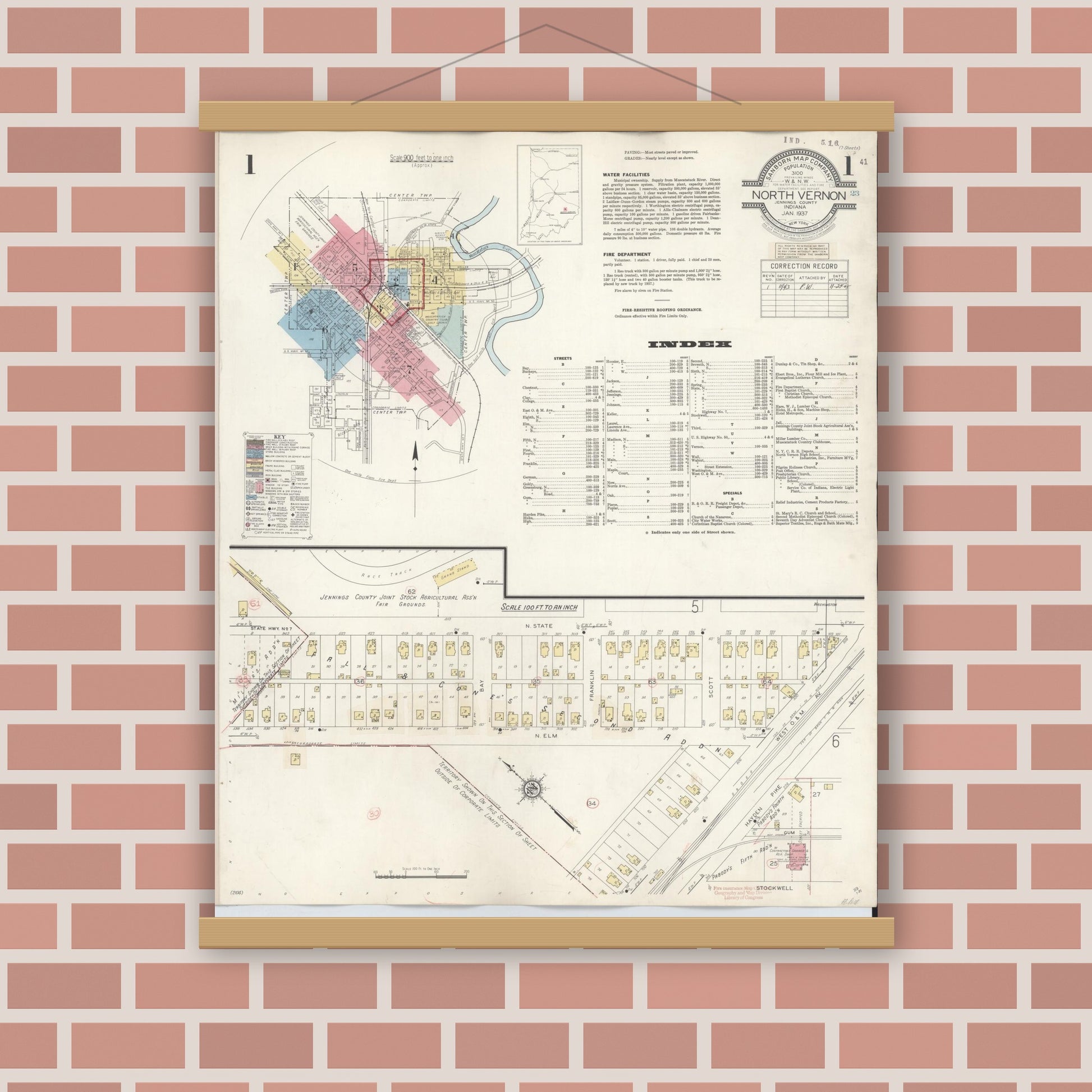 Old map wall art mockup — magnetic wood frame on brick wall — Sanborn Fire Insurance Map from North Vernon, Jennings County, Indiana (1943) - Complete Map Set