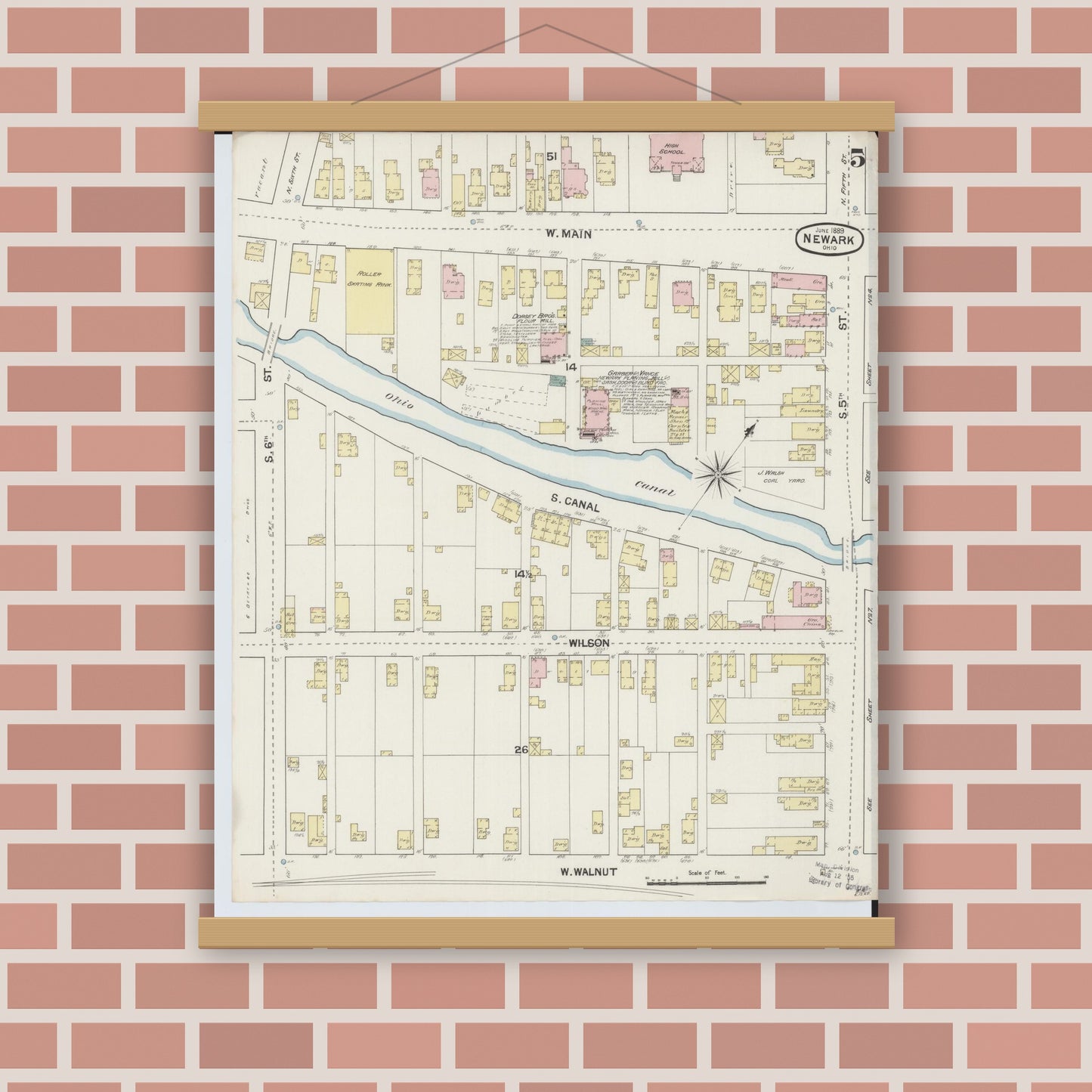 Old map wall art mockup — magnetic wood frame on brick wall — Sanborn Fire Insurance Map from Newark, Licking County, Ohio (1889), Sheet #0005