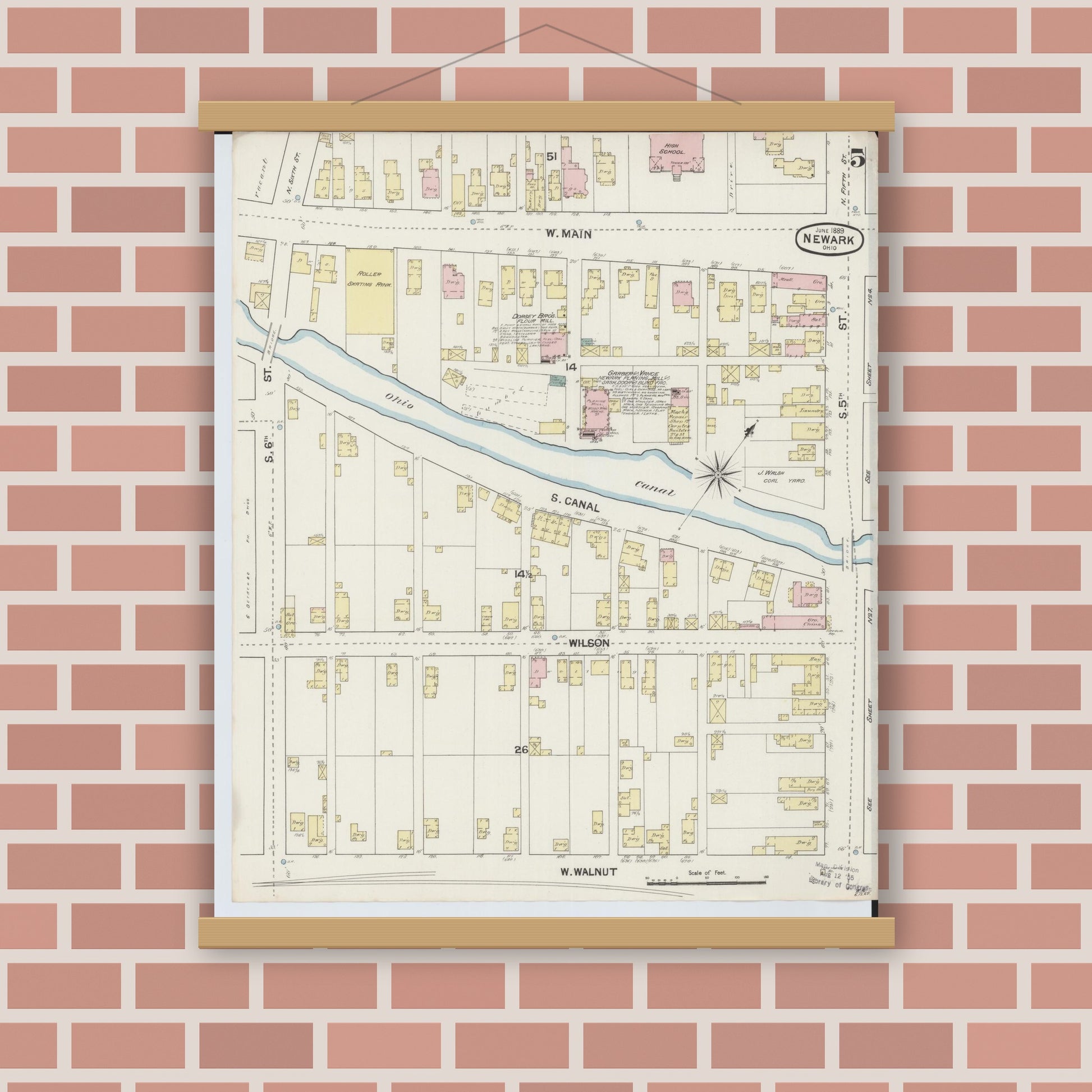Old map wall art mockup — magnetic wood frame on brick wall — Sanborn Fire Insurance Map from Newark, Licking County, Ohio (1889), Sheet #0005