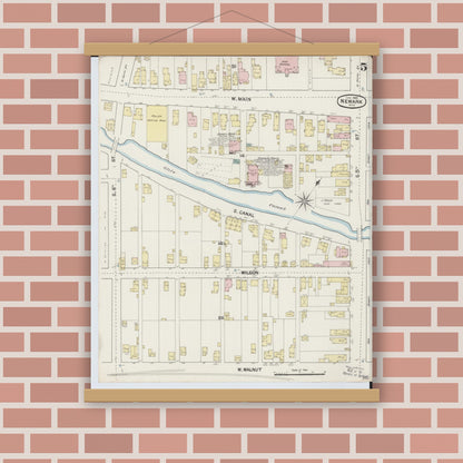 Old map wall art mockup — magnetic wood frame on brick wall — Sanborn Fire Insurance Map from Newark, Licking County, Ohio (1889), Sheet #0005