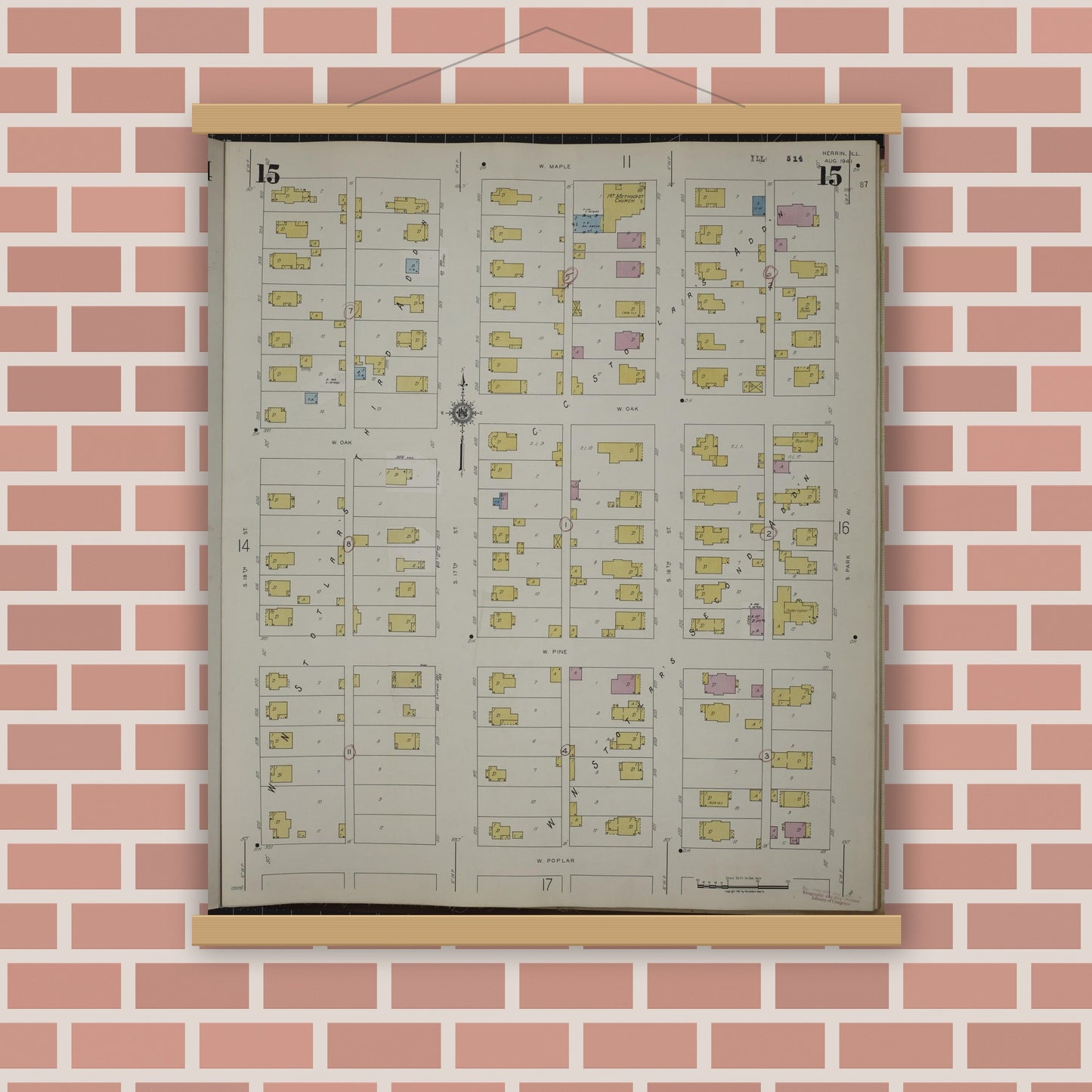 Old map wall art mockup — magnetic wood frame on brick wall — Sanborn Fire Insurance Map from Herrin, Williamson County, Illinois (1947), Sheet #0015