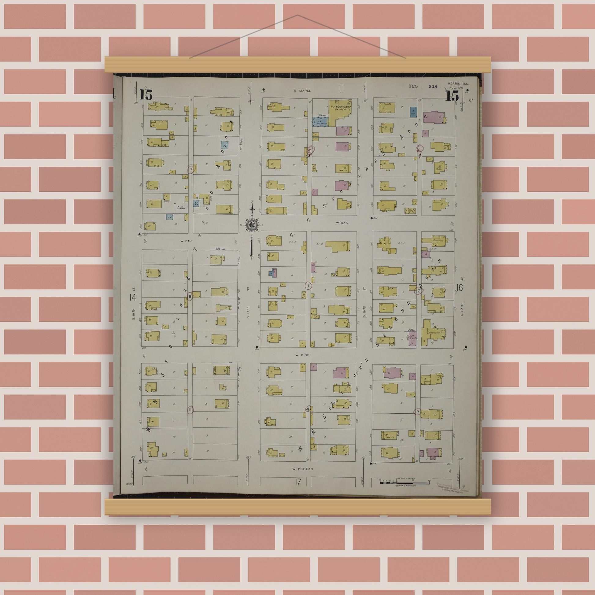 Old map wall art mockup — magnetic wood frame on brick wall — Sanborn Fire Insurance Map from Herrin, Williamson County, Illinois (1947), Sheet #0015