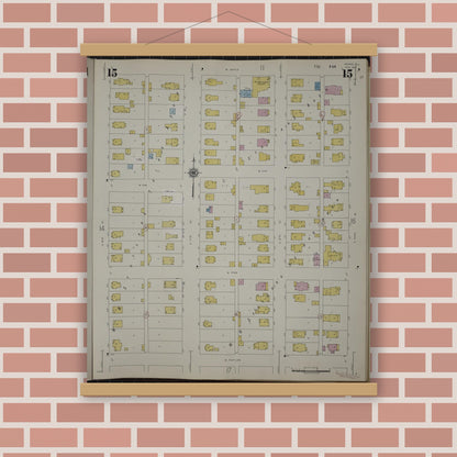 Old map wall art mockup — magnetic wood frame on brick wall — Sanborn Fire Insurance Map from Herrin, Williamson County, Illinois (1947), Sheet #0015