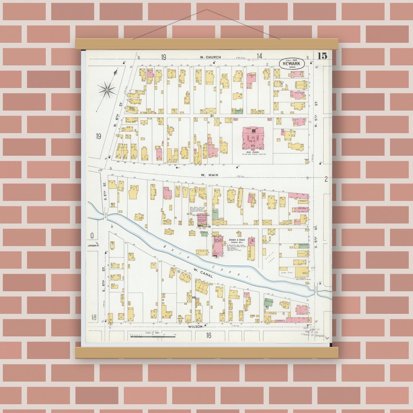 Old map wall art mockup — magnetic wood frame on brick wall — Sanborn Fire Insurance Map from Newark, Licking County, Ohio (1899), Sheet #0015