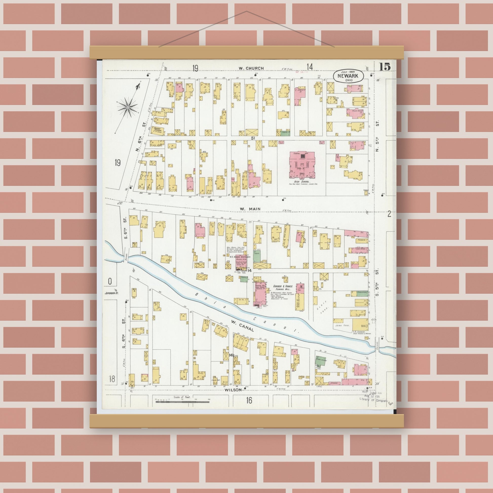 Old map wall art mockup — magnetic wood frame on brick wall — Sanborn Fire Insurance Map from Newark, Licking County, Ohio (1899), Sheet #0015