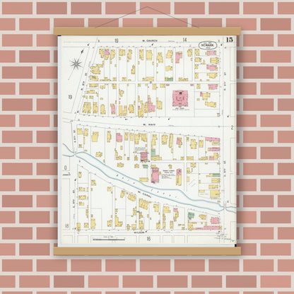 Old map wall art mockup — magnetic wood frame on brick wall — Sanborn Fire Insurance Map from Newark, Licking County, Ohio (1899), Sheet #0015