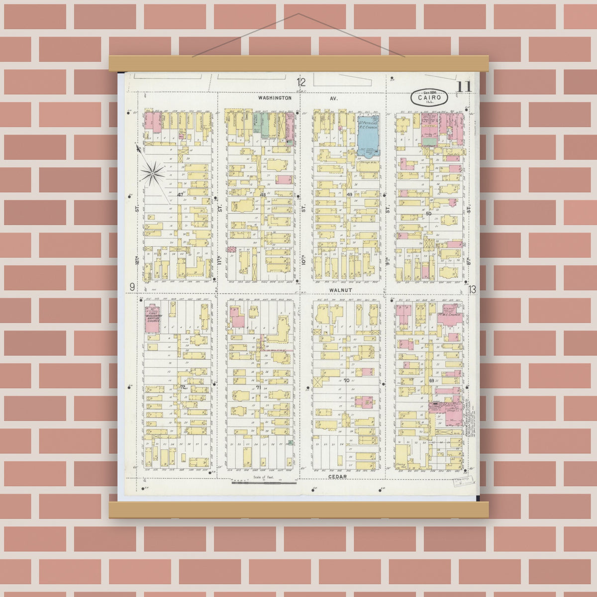 Old map wall art mockup — magnetic wood frame on brick wall — Sanborn Fire Insurance Map from Cairo, Alexander County, Illinois (1896), Sheet #0011