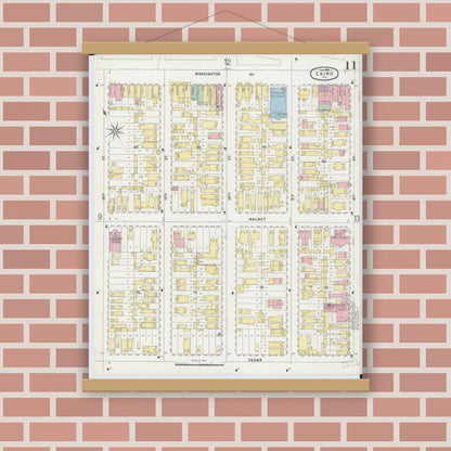Old map wall art mockup — magnetic wood frame on brick wall — Sanborn Fire Insurance Map from Cairo, Alexander County, Illinois (1896), Sheet #0011