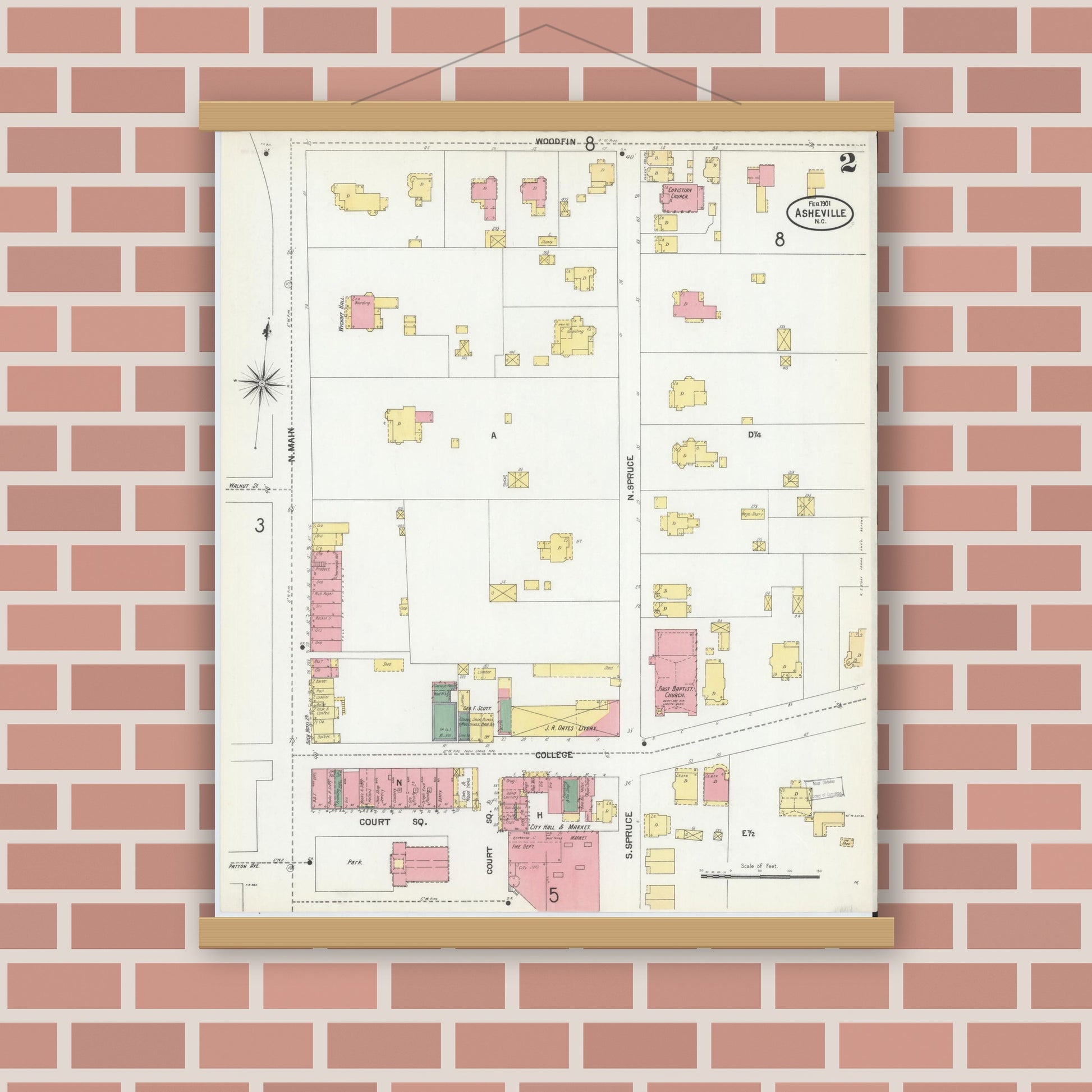 Old map wall art mockup — magnetic wood frame on brick wall — Sanborn Fire Insurance Map from Asheville, Buncombe County, North Carolina (1901), Sheet #0002