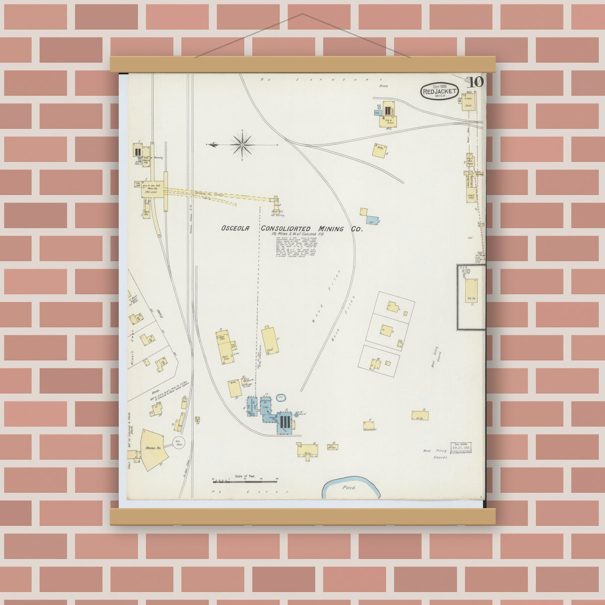 Old map wall art mockup — magnetic wood frame on brick wall — Sanborn Fire Insurance Map from Red Jacket, Houghton County, Michigan (1893), Sheet #0010