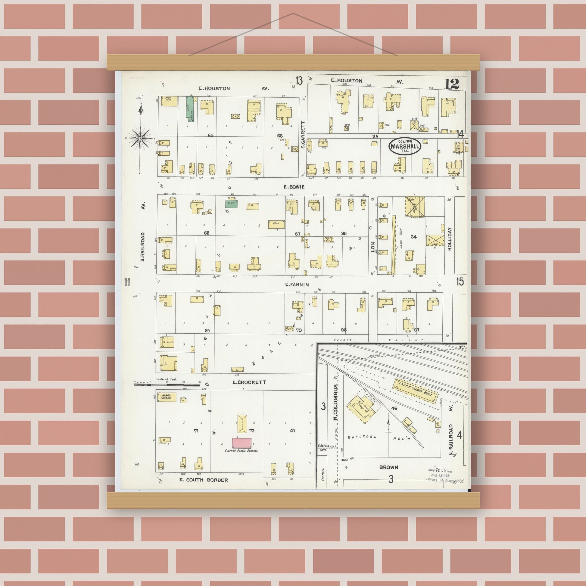 Old map wall art mockup — magnetic wood frame on brick wall — Sanborn Fire Insurance Map from Marshall, Harrison County, Texas (1904), Sheet #0012