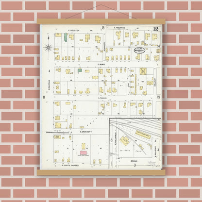 Old map wall art mockup — magnetic wood frame on brick wall — Sanborn Fire Insurance Map from Marshall, Harrison County, Texas (1904), Sheet #0012