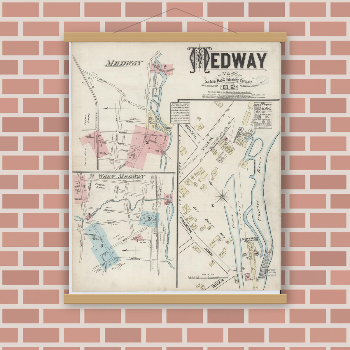 Old map wall art mockup — magnetic wood frame on brick wall — Sanborn Fire Insurance Map from Medway, Norfolk County, Massachusetts (1884) - Complete Map Set
