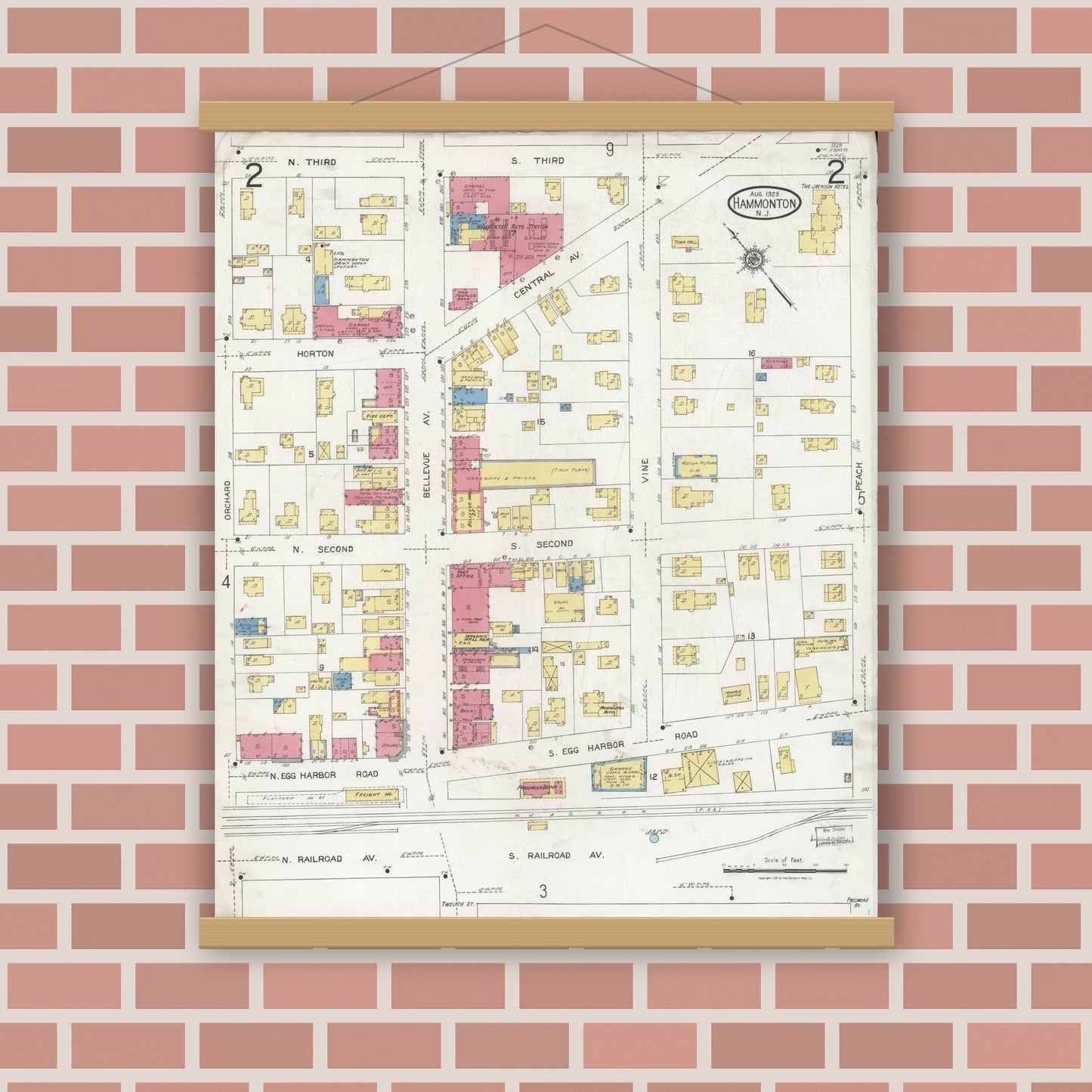 Old map wall art mockup — magnetic wood frame on brick wall — Sanborn Fire Insurance Map from Hammonton, Atlantic County, New Jersey (1923), Sheet #0002