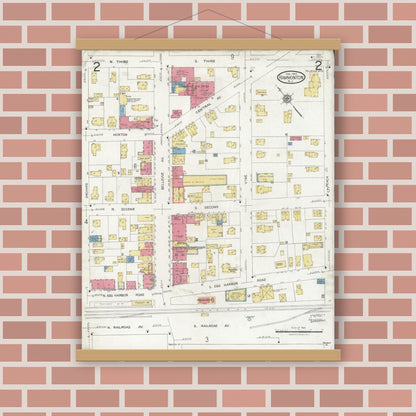 Old map wall art mockup — magnetic wood frame on brick wall — Sanborn Fire Insurance Map from Hammonton, Atlantic County, New Jersey (1923), Sheet #0002