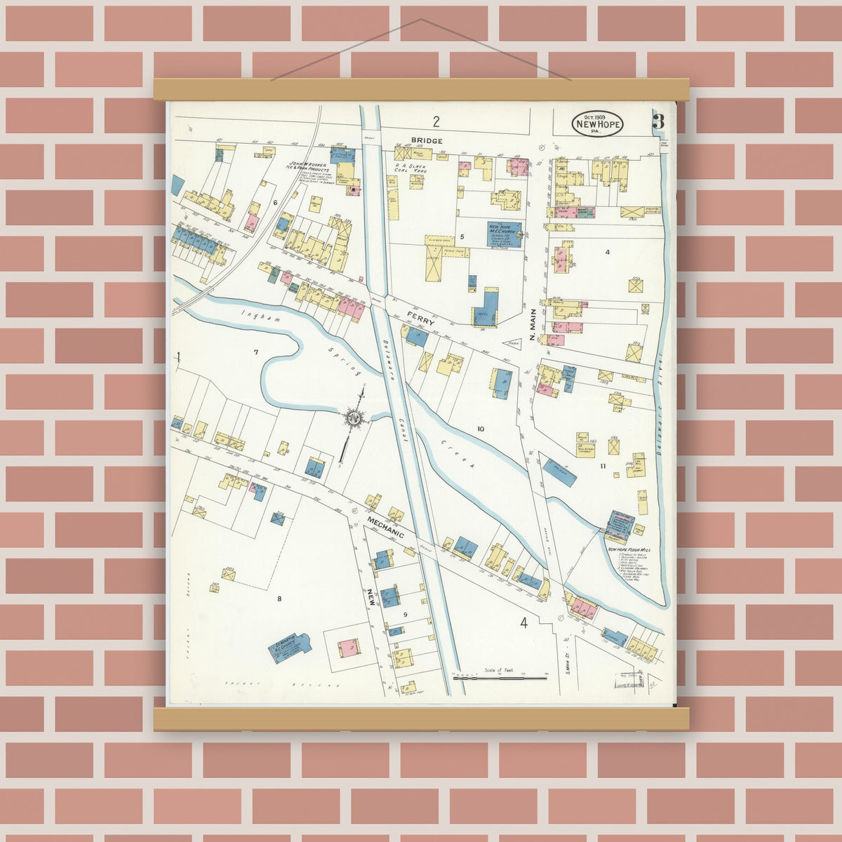 Old map wall art mockup — magnetic wood frame on brick wall — Sanborn Fire Insurance Map from New Hope, Bucks County, Pennsylvania (1909), Sheet #0003