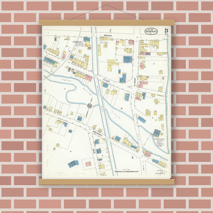 Old map wall art mockup — magnetic wood frame on brick wall — Sanborn Fire Insurance Map from New Hope, Bucks County, Pennsylvania (1909), Sheet #0003