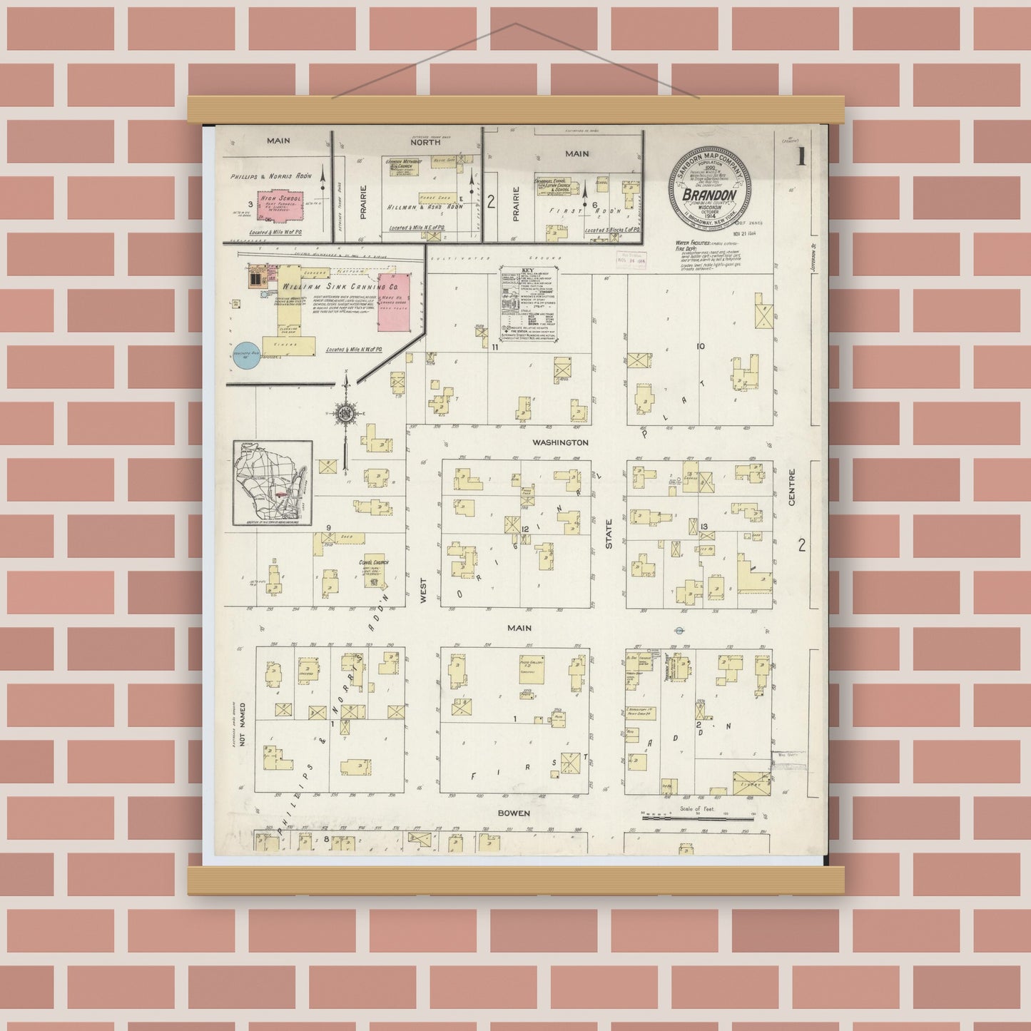 Old map wall art mockup — magnetic wood frame on brick wall — Sanborn Fire Insurance Map from Brandon, Fond du Lac County, Wisconsin (1914) - Complete Map Set