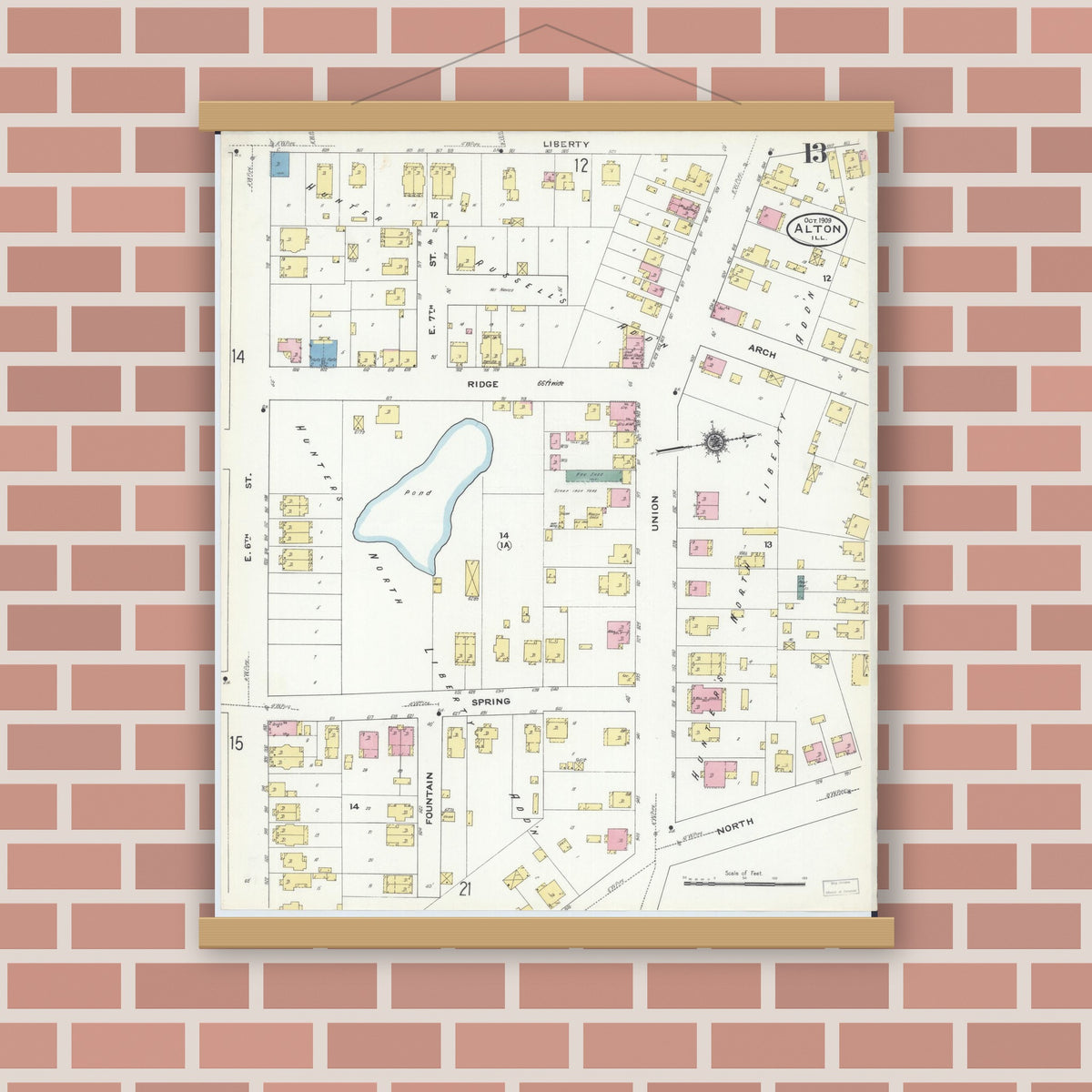 Old map wall art mockup — magnetic wood frame on brick wall — Sanborn Fire Insurance Map from Alton, Madison County, Illinois (1909), Sheet #0013