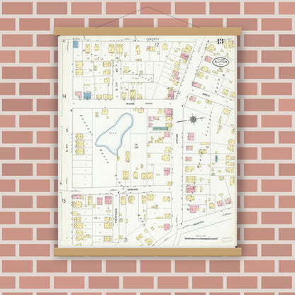 Old map wall art mockup — magnetic wood frame on brick wall — Sanborn Fire Insurance Map from Alton, Madison County, Illinois (1909), Sheet #0013