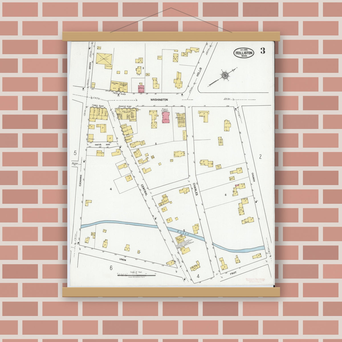 Old map wall art mockup — magnetic wood frame on brick wall — Sanborn Fire Insurance Map from Holliston, Middlesex County, Massachusetts (1919), Sheet #0003