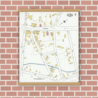 Old map wall art mockup — magnetic wood frame on brick wall — Sanborn Fire Insurance Map from Holliston, Middlesex County, Massachusetts (1919), Sheet #0003
