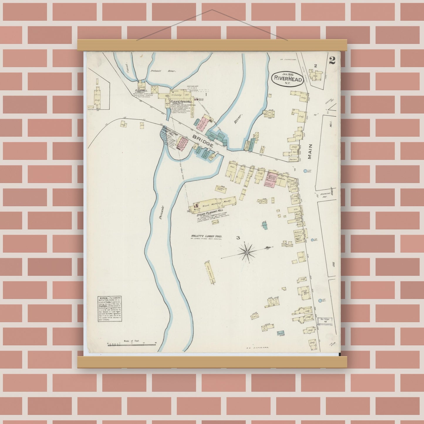 Old map wall art mockup — magnetic wood frame on brick wall — Sanborn Fire Insurance Map from Riverhead, Suffolk County, New York (1885), Sheet #0002