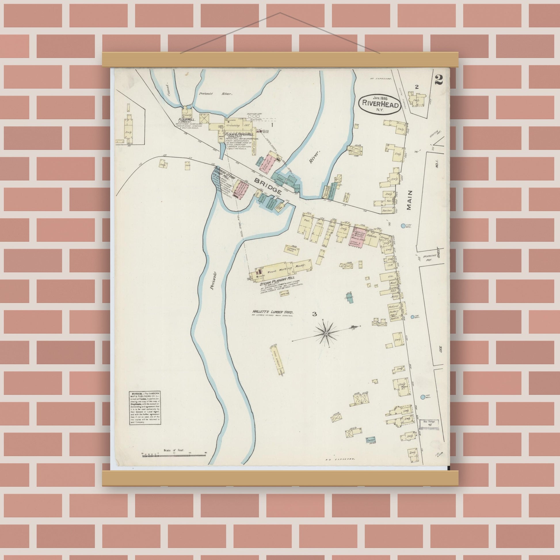 Old map wall art mockup — magnetic wood frame on brick wall — Sanborn Fire Insurance Map from Riverhead, Suffolk County, New York (1885), Sheet #0002