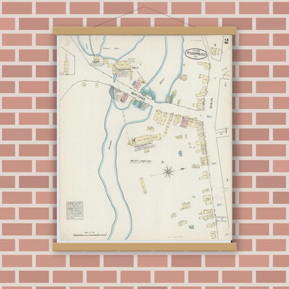 Old map wall art mockup — magnetic wood frame on brick wall — Sanborn Fire Insurance Map from Riverhead, Suffolk County, New York (1885), Sheet #0002
