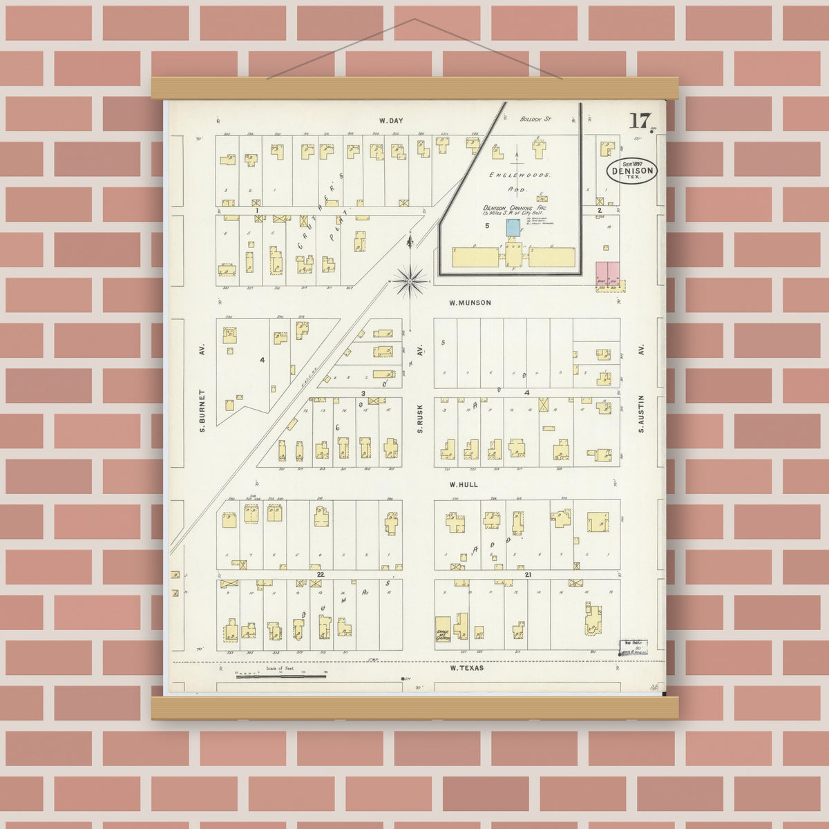 Old map wall art mockup — magnetic wood frame on brick wall — Sanborn Fire Insurance Map from Denison, Grayson County, Texas (1897), Sheet #0017