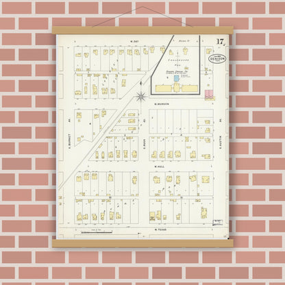 Old map wall art mockup — magnetic wood frame on brick wall — Sanborn Fire Insurance Map from Denison, Grayson County, Texas (1897), Sheet #0017