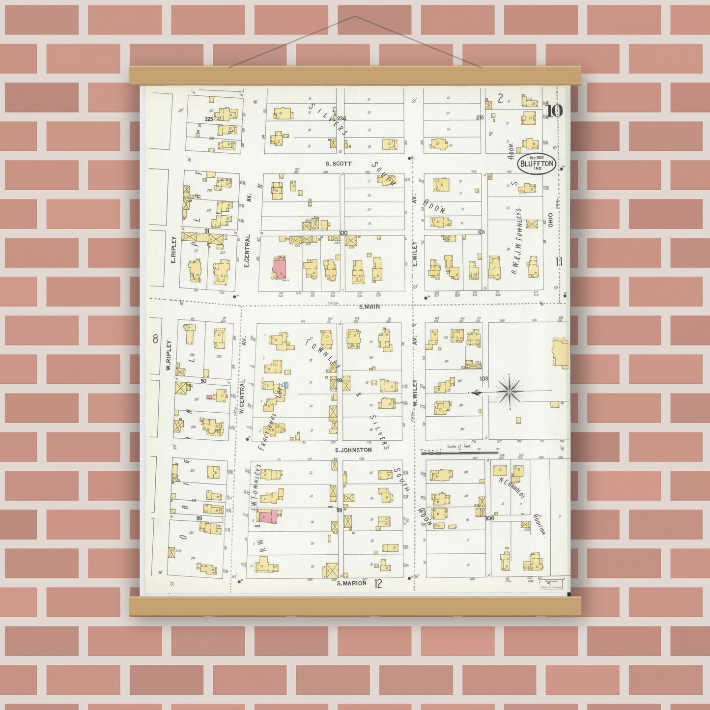 Old map wall art mockup — magnetic wood frame on brick wall — Sanborn Fire Insurance Map from Bluffton, Wells County, Indiana (1900), Sheet #0010