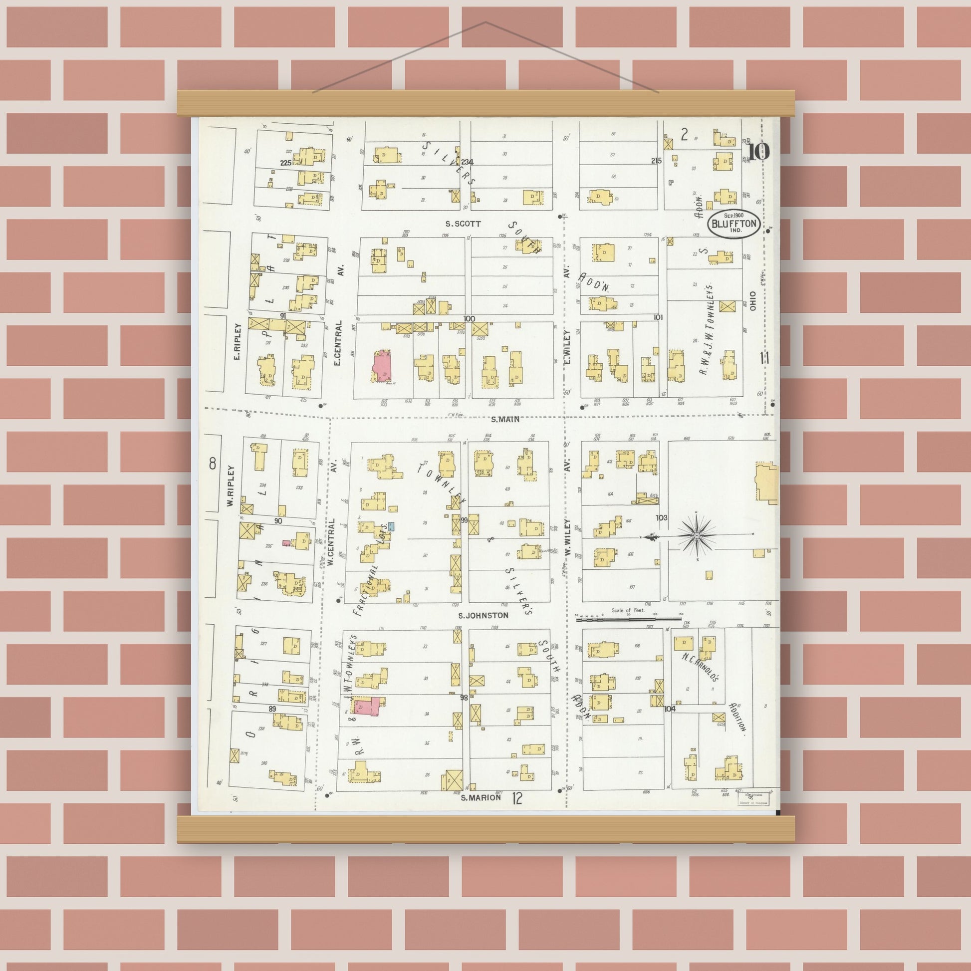 Old map wall art mockup — magnetic wood frame on brick wall — Sanborn Fire Insurance Map from Bluffton, Wells County, Indiana (1900), Sheet #0010