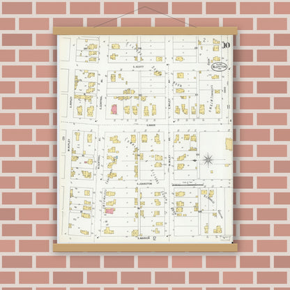 Old map wall art mockup — magnetic wood frame on brick wall — Sanborn Fire Insurance Map from Bluffton, Wells County, Indiana (1900), Sheet #0010
