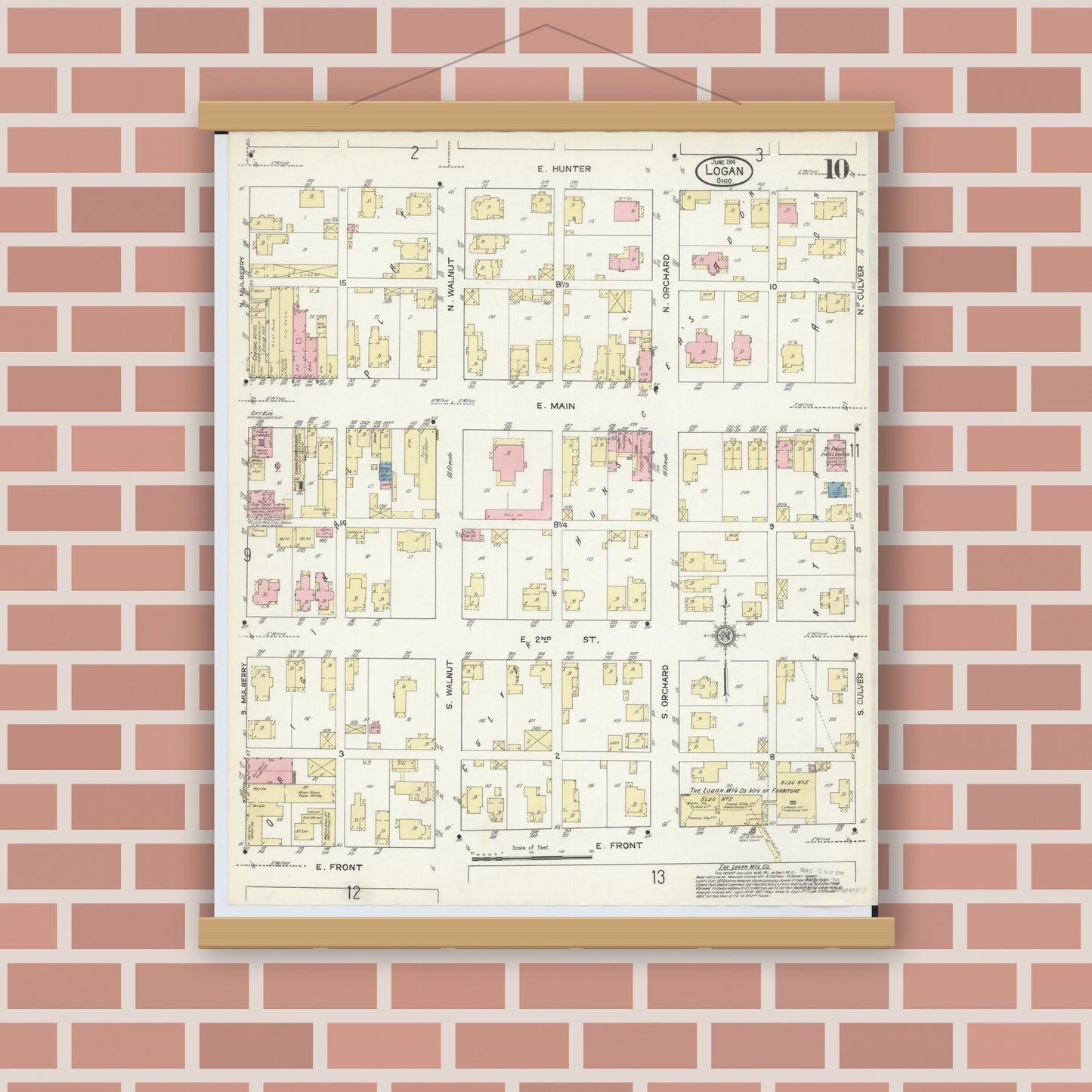 Old map wall art mockup — magnetic wood frame on brick wall — Sanborn Fire Insurance Map from Logan, Hocking County, Ohio (1914), Sheet #0010