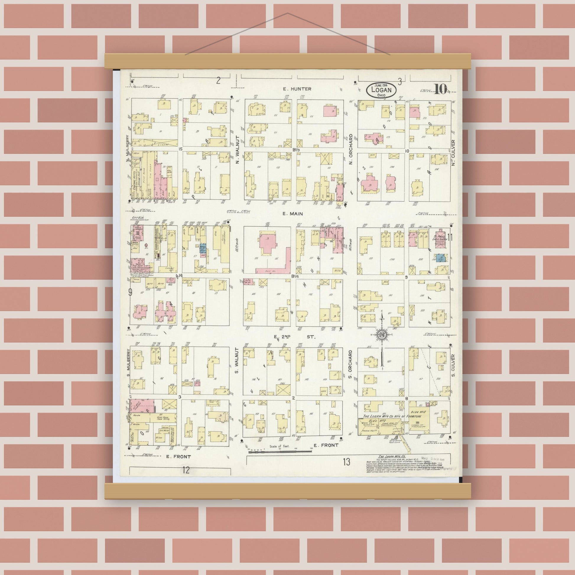 Old map wall art mockup — magnetic wood frame on brick wall — Sanborn Fire Insurance Map from Logan, Hocking County, Ohio (1914), Sheet #0010