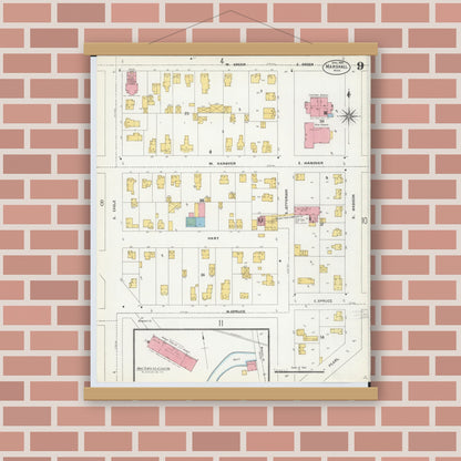 Old map wall art mockup — magnetic wood frame on brick wall — Sanborn Fire Insurance Map from Marshall, Calhoun County, Michigan (1906), Sheet #0009