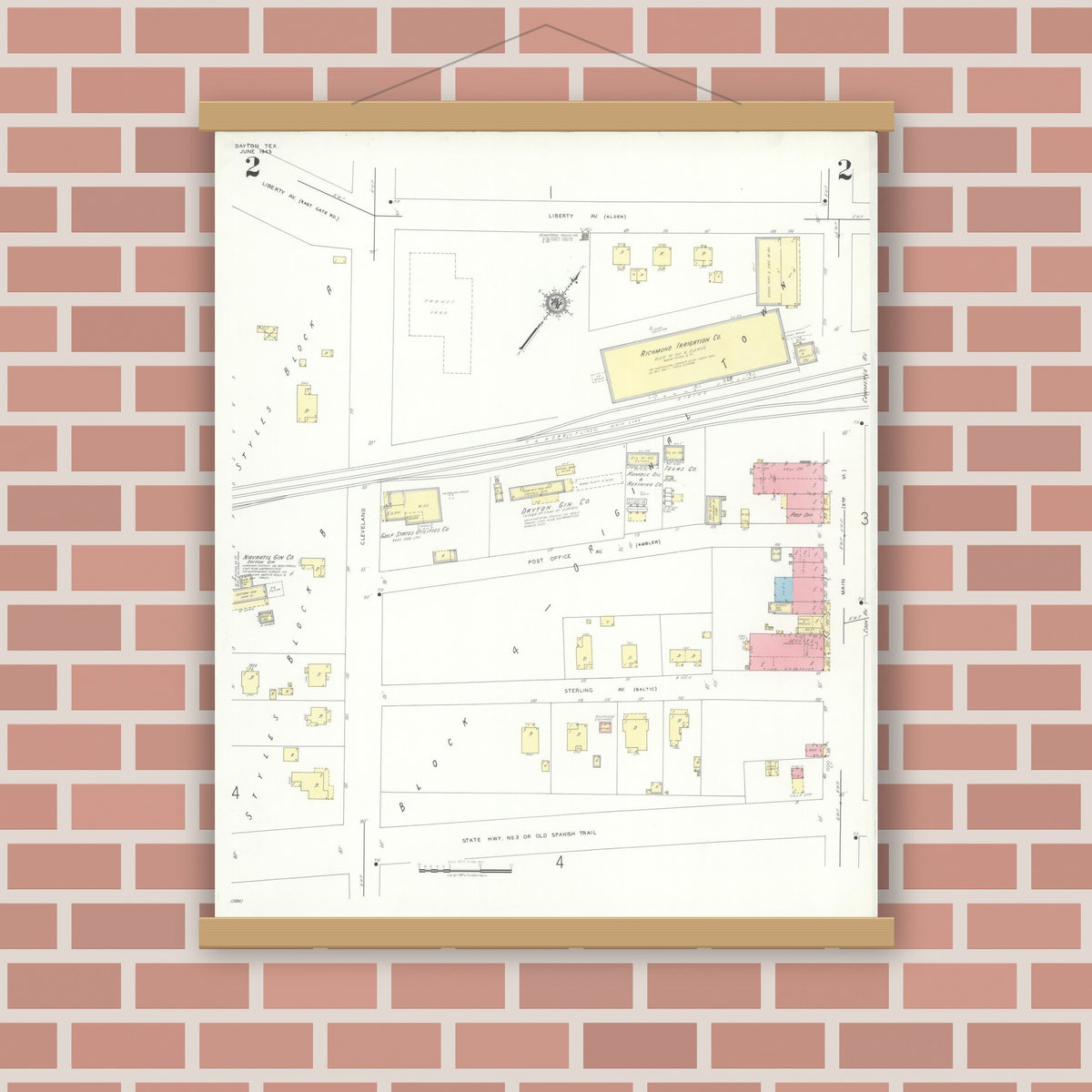 Old map wall art mockup — magnetic wood frame on brick wall — Sanborn Fire Insurance Map from Dayton, Liberty County, Texas (1943), Sheet #0002
