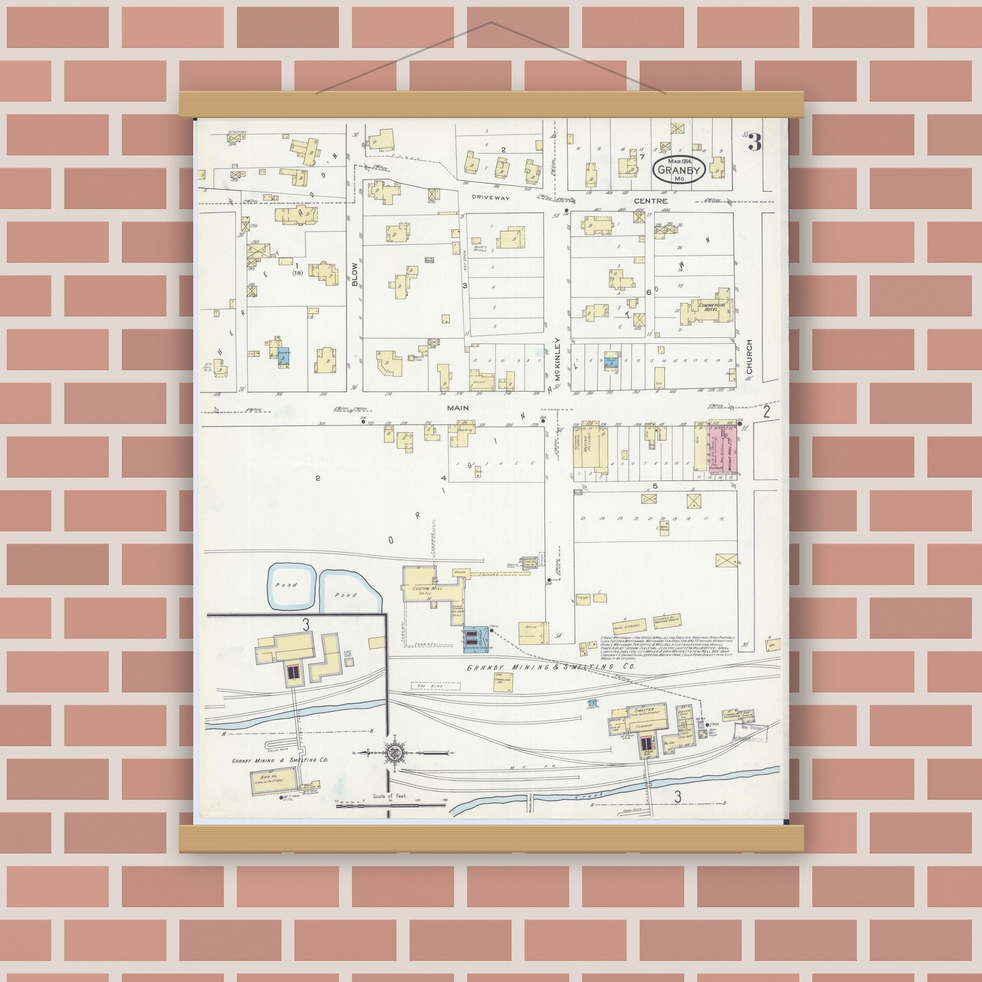 Old map wall art mockup — magnetic wood frame on brick wall — Sanborn Fire Insurance Map from Granby, Newton County, Missouri (1914), Sheet #0003
