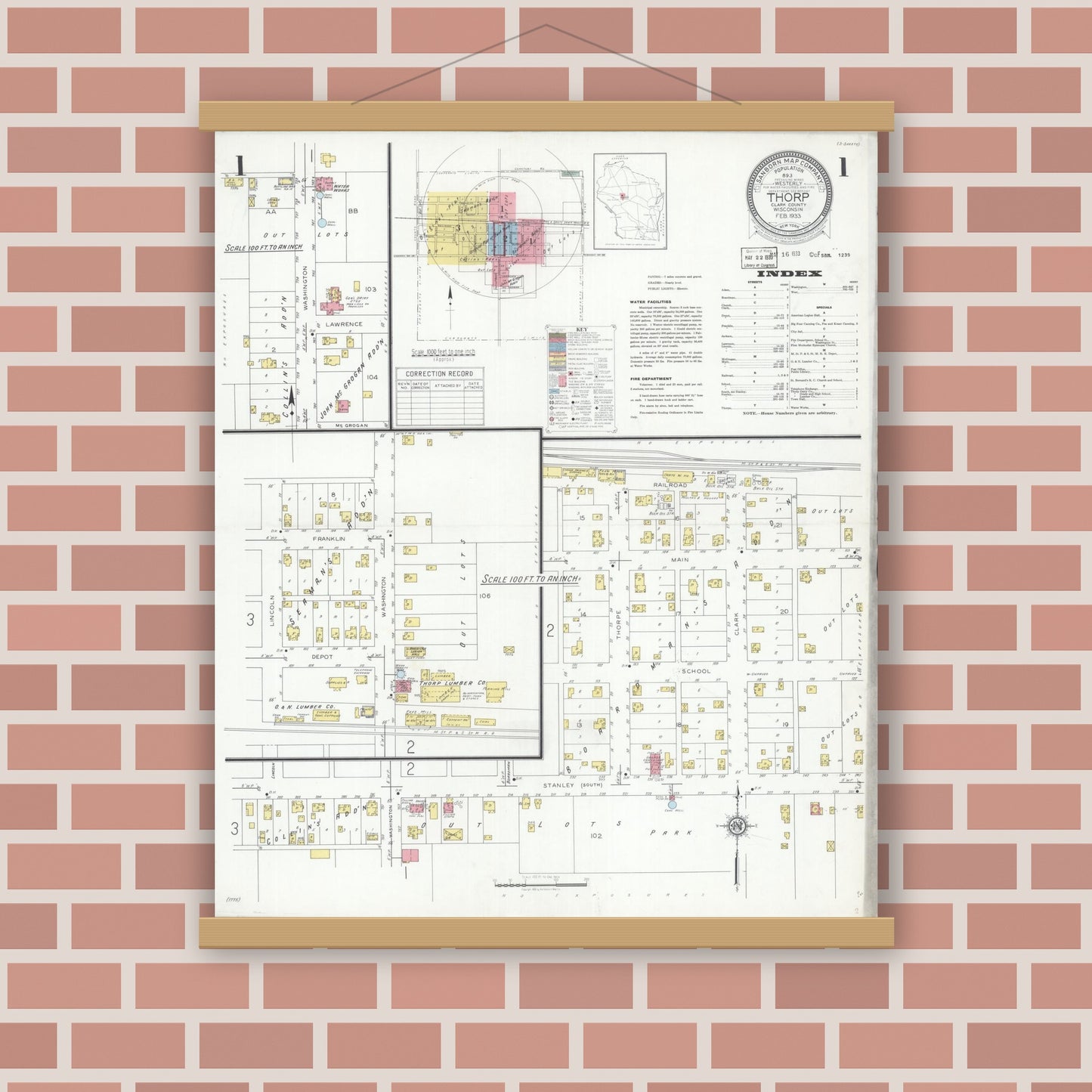 Old map wall art mockup — magnetic wood frame on brick wall — Sanborn Fire Insurance Map from Thorpe, Clark County, Wisconsin (1933), Sheet #0001