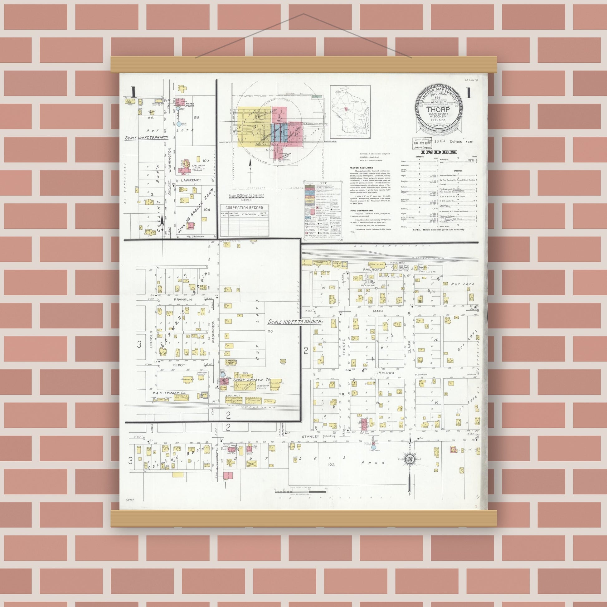 Old map wall art mockup — magnetic wood frame on brick wall — Sanborn Fire Insurance Map from Thorpe, Clark County, Wisconsin (1933), Sheet #0001