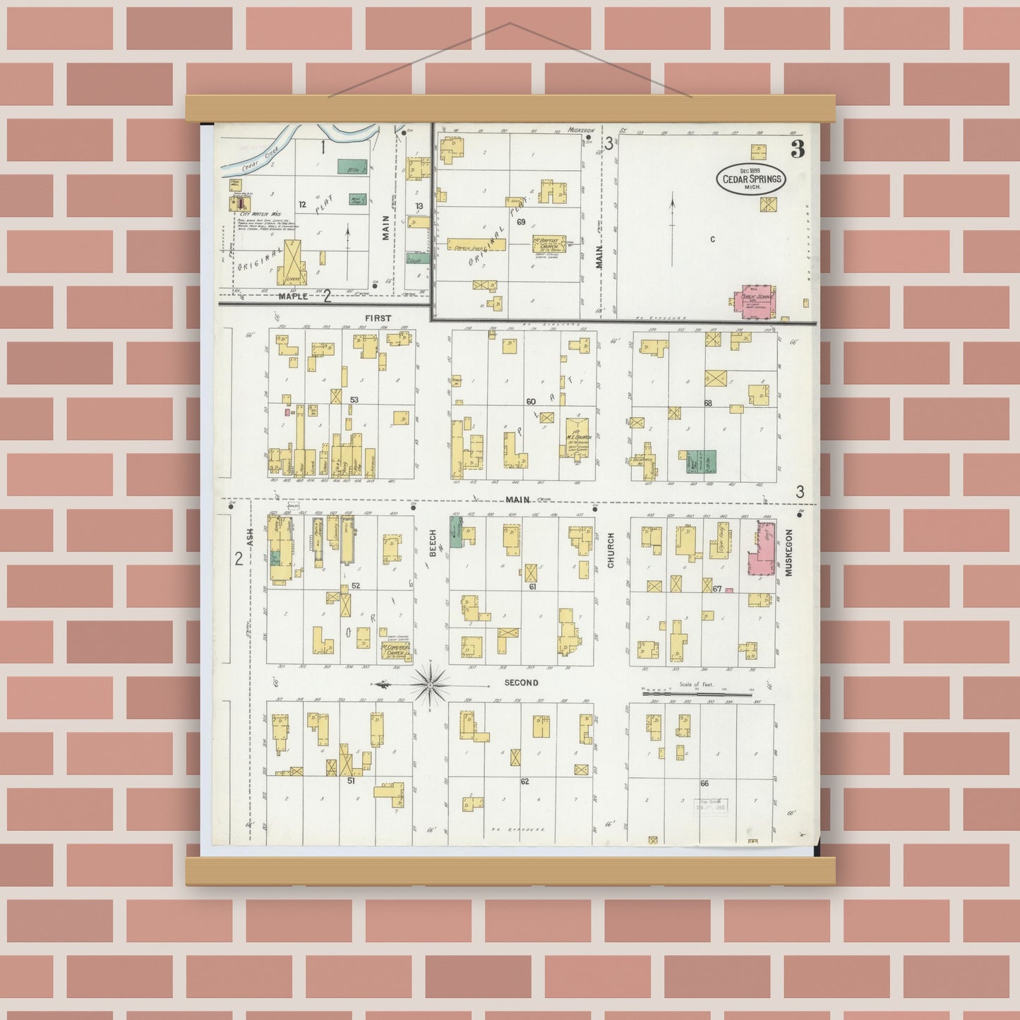 Old map wall art mockup — magnetic wood frame on brick wall — Sanborn Fire Insurance Map from Cedar Springs, Kent County, Michigan (1899), Sheet #0003