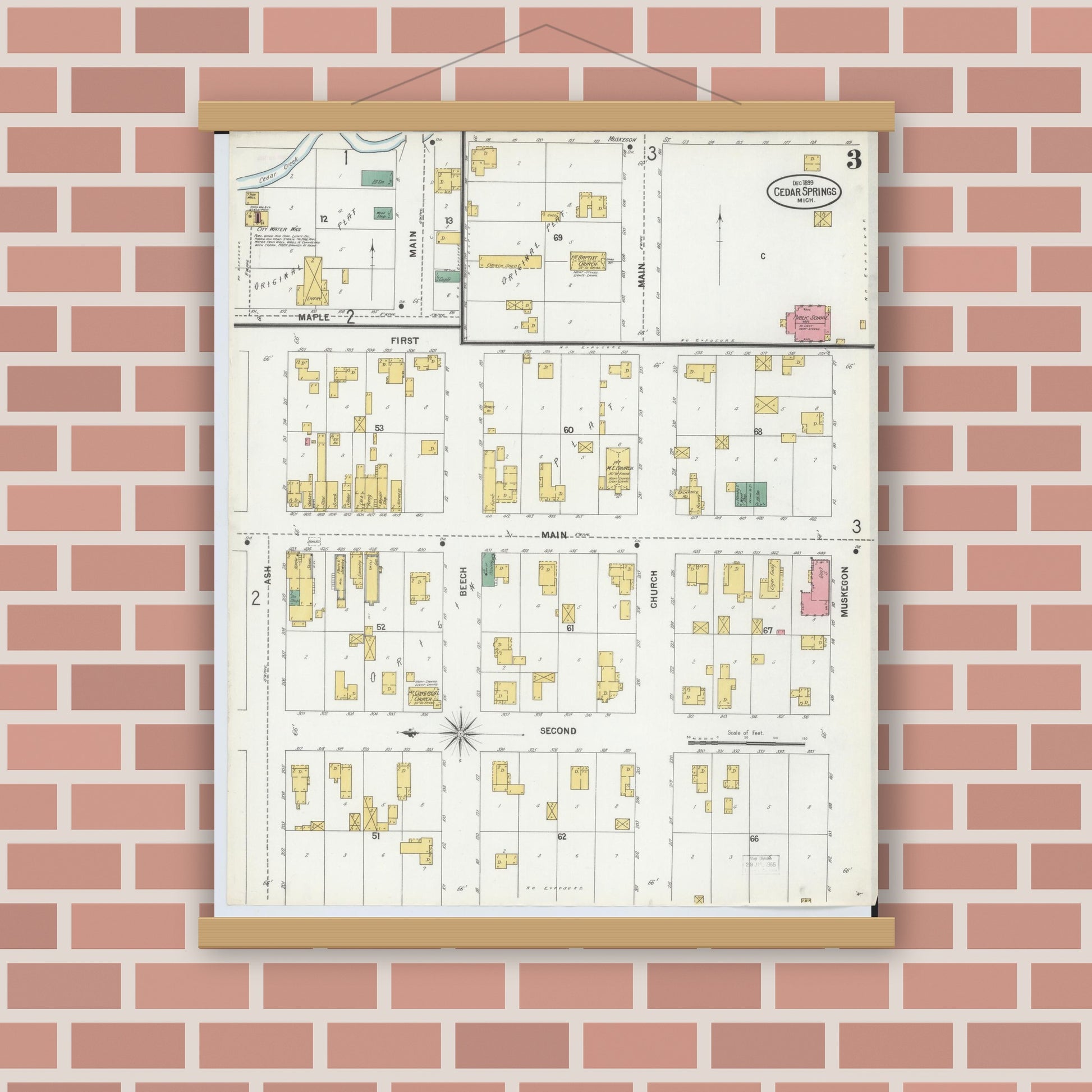 Old map wall art mockup — magnetic wood frame on brick wall — Sanborn Fire Insurance Map from Cedar Springs, Kent County, Michigan (1899), Sheet #0003
