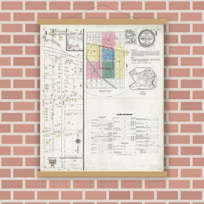 Old map wall art mockup — magnetic wood frame on brick wall — Sanborn Fire Insurance Map from Weslaco, Hidalgo County, Texas (1925), Sheet #0001