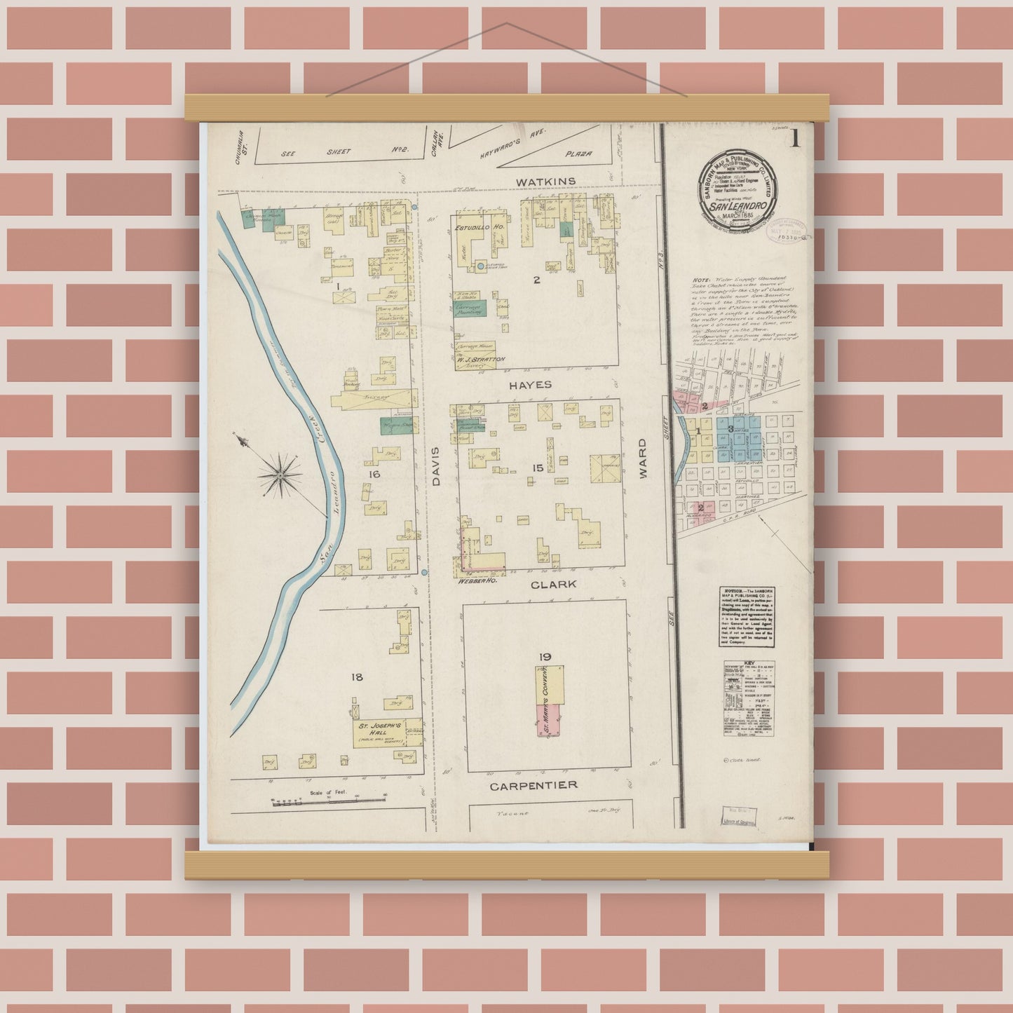 Old map wall art mockup — magnetic wood frame on brick wall — Sanborn Fire Insurance Map from San Leandro, Alameda County, California (1885) - Complete Map Set