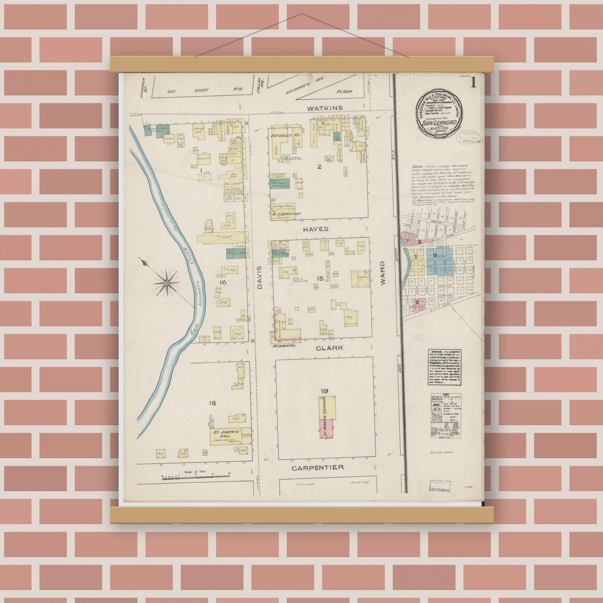 Old map wall art mockup — magnetic wood frame on brick wall — Sanborn Fire Insurance Map from San Leandro, Alameda County, California (1885) - Complete Map Set