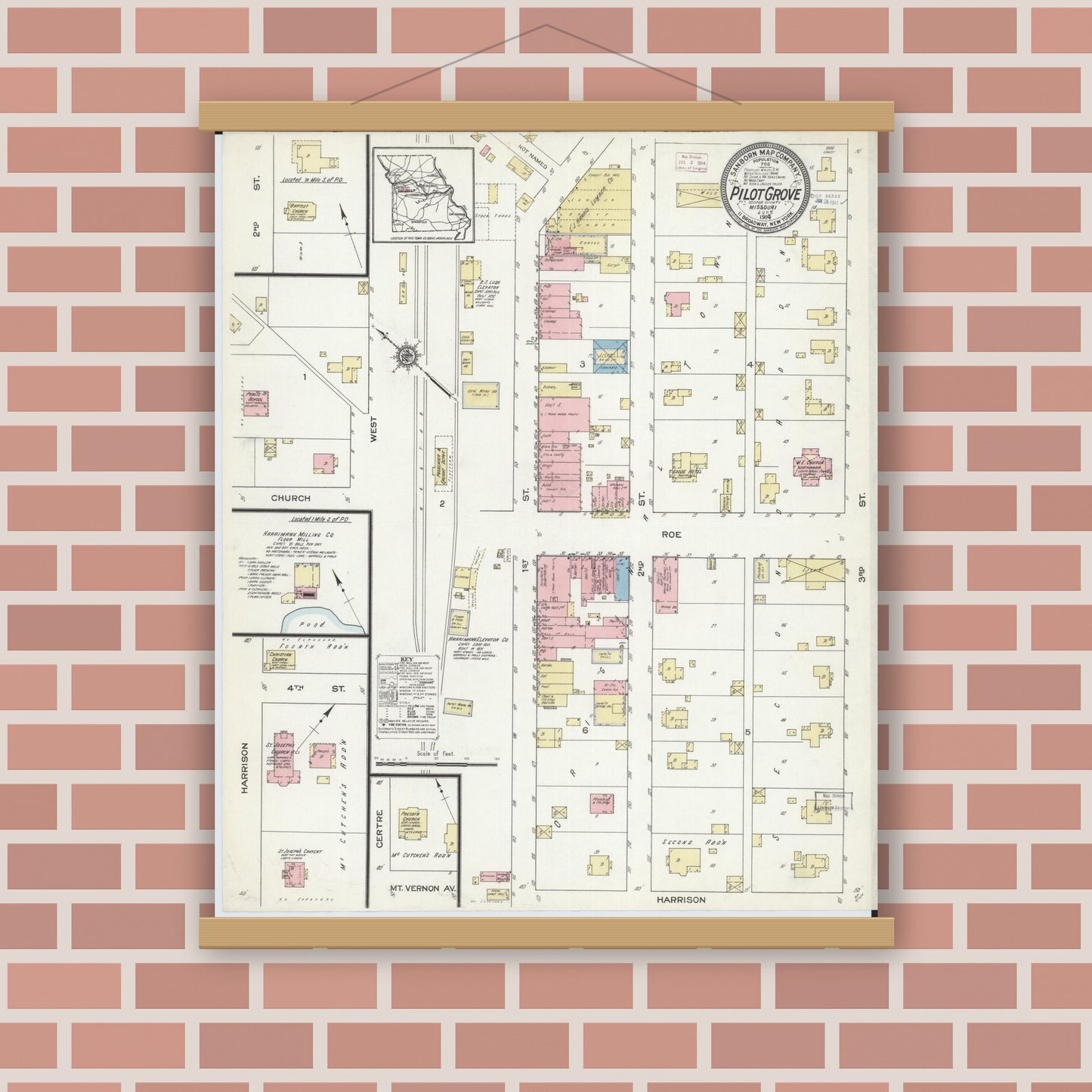 Old map wall art mockup — magnetic wood frame on brick wall — Sanborn Fire Insurance Map from Pilot Grove, Cooper County, Missouri (1914), Sheet #0001